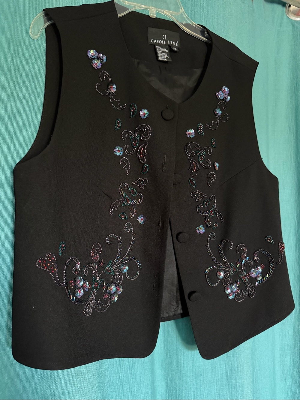Carole Little black beaded Vest-  dark academia, goth, vintage